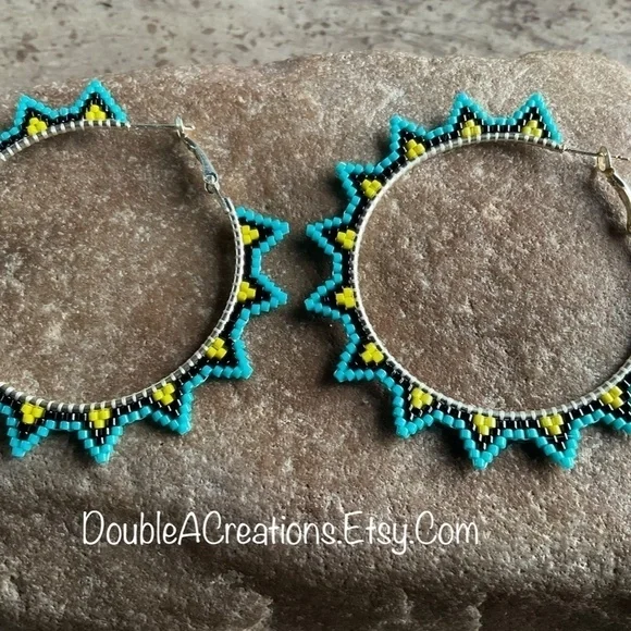 Turquoise and Yellow Sunburst  2” Beaded Hoops, New, Handmade by Me - Picture 6 of 9